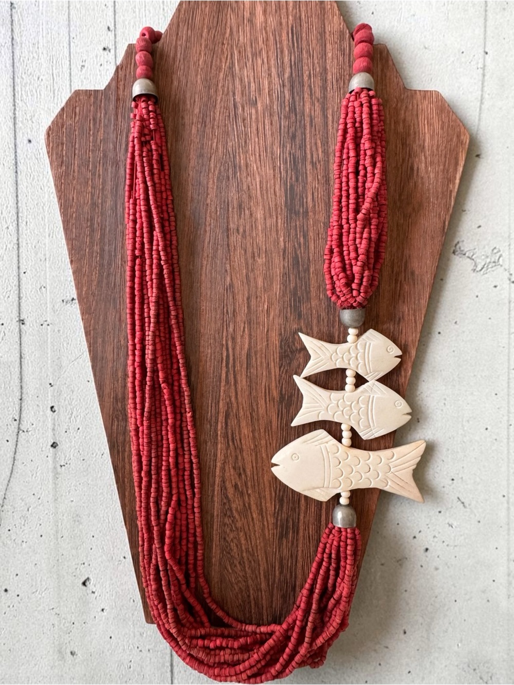 Carved Bone and Wood Statement Necklace with Fish Pendants